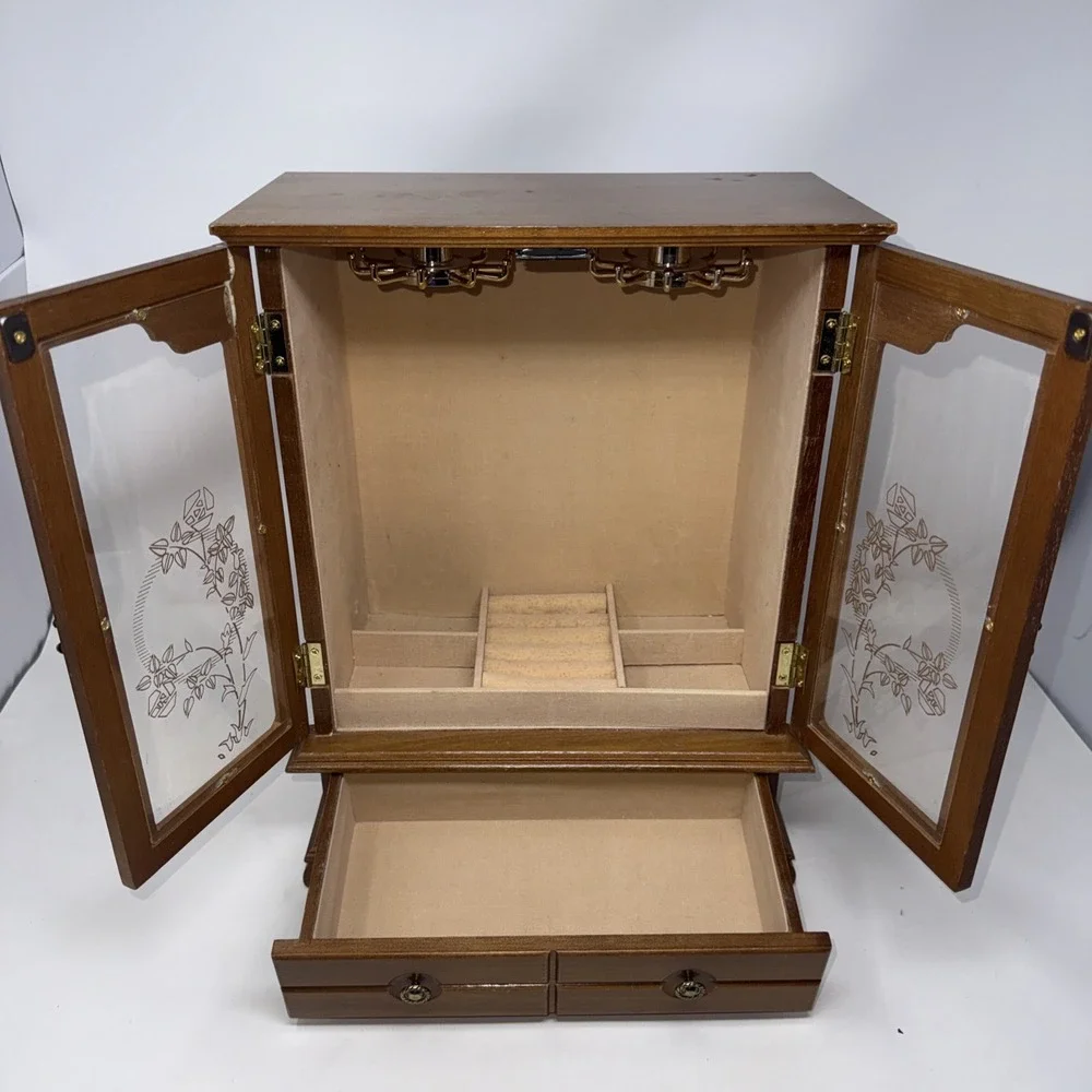 Vintage Wood 2 Door Jewelry Box Armoire Style Cabinet w Mirror Drawer Scuffs